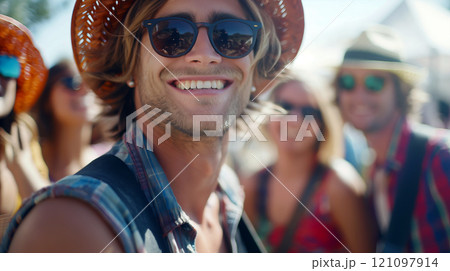 Young man in sunglasses smiles at the camera during a lively outdoor music festival with friends around him 121097914