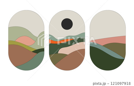 A landscape with a blackout on the horizon, done in warm and earthy tones. Soft wavy forms create harmony and peace. 121097918