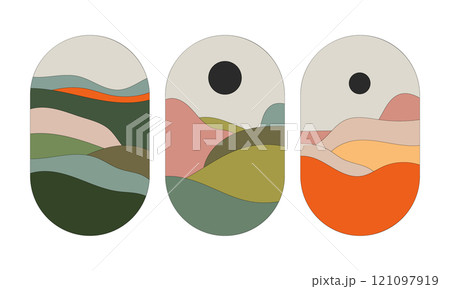 A landscape with a blackout on the horizon, done in warm and earthy tones. Soft wavy forms create harmony and peace. 121097919