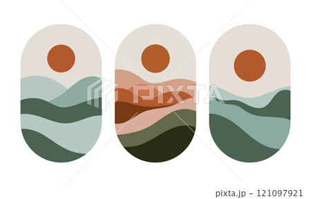 An abstract landscape with a blackout, where the sun highlights a color palette consisting of warm and cool shades. Rounded lines add softness to the composition. 121097921