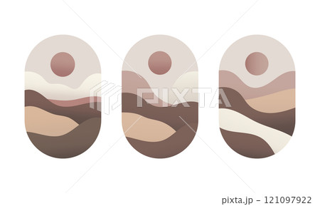 Vector illustration. The silhouette of the city looks like smooth lines with a rosy sun in the background. The pastel decor creates an impression of calm and harmony. 121097922