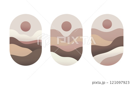 Abstract landscape forms in ovals with mountains and moon in beige and brown tones. Calm composition suitable for interior design. 121097923