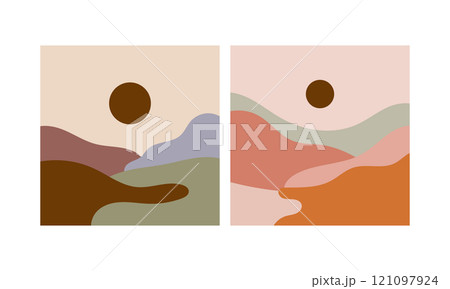 Vector illustration. An abstract landscape in the form of four parts, depicting the warm colors of the desert with smooth curves. 121097924