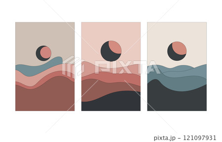 Vector illustration. Abstract landscape art with soft wavy lines and symbolic sun in eclipse phase. 121097931
