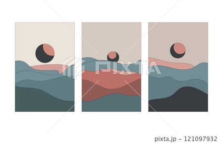 Vector illustration. Abstract landscape art with soft wavy lines and symbolic sun in eclipse phase. 121097932
