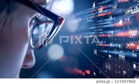 人間の目に映る革新的なデジタルインターフェースの概念 人間の目に映る革新的なデジタルインターフェースの概念 121097968