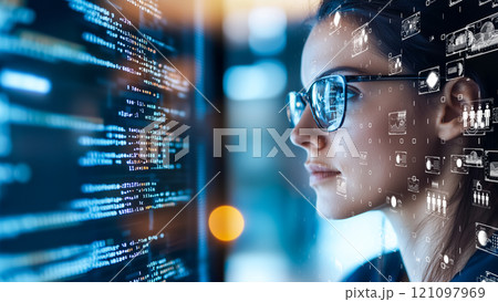 人間の目に映る革新的なデジタルインターフェースの概念 人間の目に映る革新的なデジタルインターフェースの概念 121097969