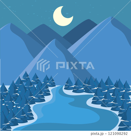 Moonlit snowy river with trees and mountains Vector 121098292