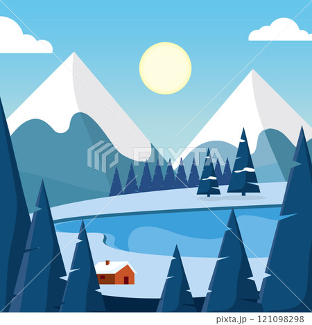 Snowy mountain lake with trees and cabin Vector Snowy mountain lake with trees and cabin Vector 121098298
