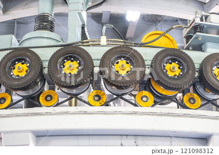 Zao mountain Yamagata Japan, ropeway conveyor system with wheels and pulleys. 121098312