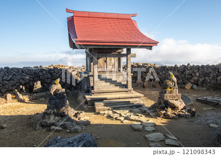 Zao mountain Yamagata Japan, Traditional shrine with red roof in rocky landscape. Zao mountain Yamagata Japan, Traditional shrine with red roof in rocky landscape. 121098343
