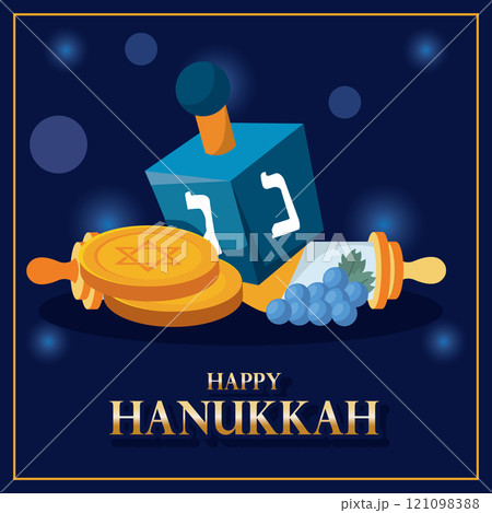 Hanukkah dreidel, coins, grapes, and scroll Vector 121098388