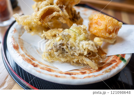 Ginzan onsen, Yamagata, Japan, Fried food platter with various crispy items. Ginzan onsen, Yamagata, Japan, Fried food platter with various crispy items. 121098648