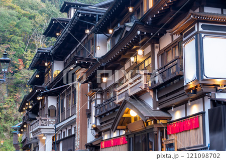 Ginzan onsen, Yamagata, Japan, Traditional Japanese ryokan with wooden architecture and lanterns 121098702