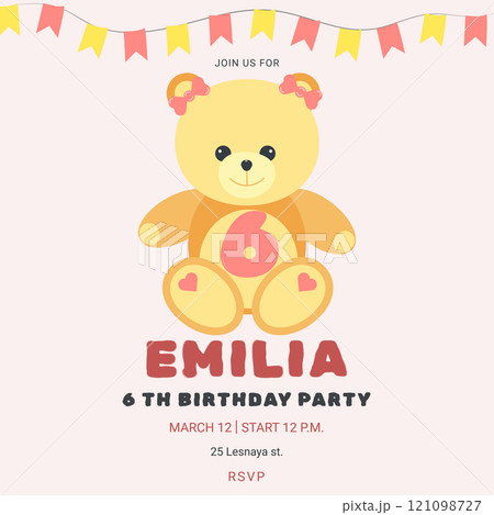 Invitation childrens birthday party with cute bear and number. Celebration 6th birthday. Greeting card template for children. Vector illustration. 121098727