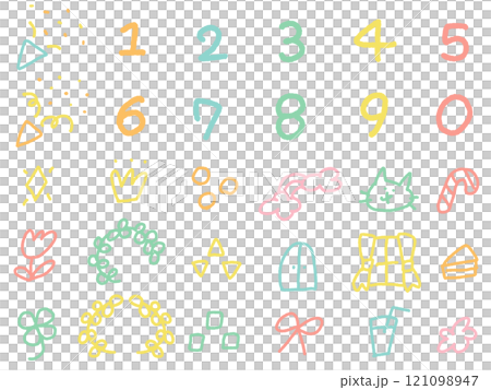 手繪數字、桂冠、餅乾、花朵和王冠的少女圖示集 121098947