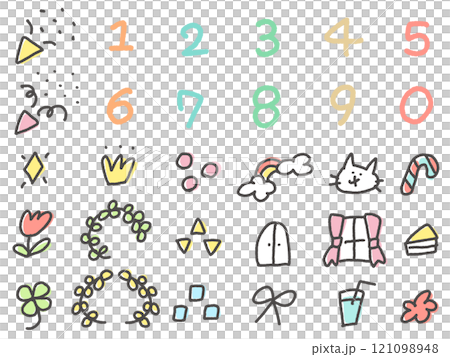 A girly icon set of hand-drawn numbers, laurels, crackers, flowers and crowns 121098948