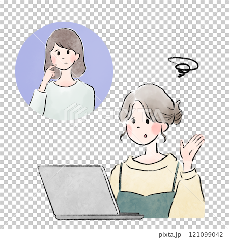 兩名婦女在網路上聊天、表情困惑的插圖 兩名婦女在網路上聊天、表情困惑的插圖 121099042