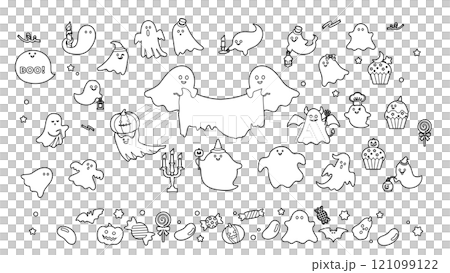 ゴーストとハロウィンアイテムの線画塗り絵イラスト素材セット ゴーストとハロウィンアイテムの線画塗り絵イラスト素材セット 121099122
