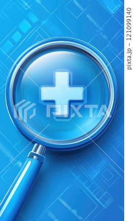 Magnifying glass with medical cross symbol on a blue digital background, AI 121099140