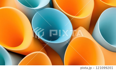 Colorful abstract background featuring overlapping orange and blue curved shapes, AI 121099201