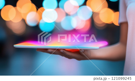 Colorful tablet screen held by a Caucasian woman against a bokeh background, AI 121099245