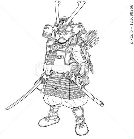 刀を持って正面を向く鎌倉武士 線画 121099266