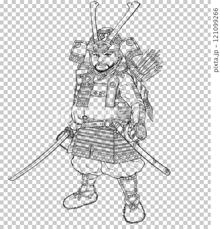 刀を持って正面を向く鎌倉武士 線画 121099266