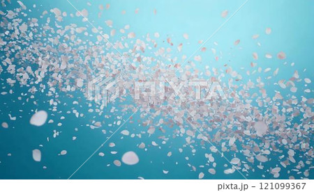 桜吹雪、青色背景に桜の花びらが舞うイラスト 121099367