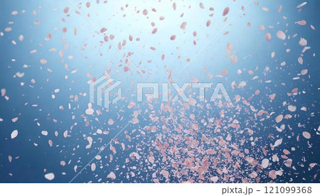 桜吹雪、青色背景に桜の花びらが舞うイラスト 121099368
