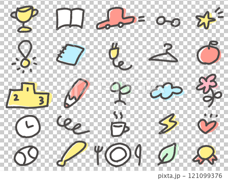 Hand-drawn cute medals, championship cups, stationery, stars, and tableware icon set 121099376