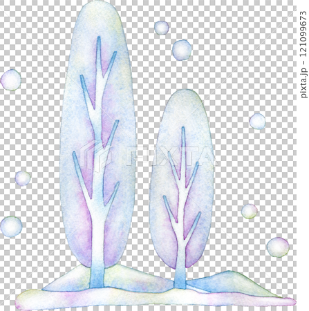 雪が積もった2本の冬の樹木の水彩イラスト 121099673