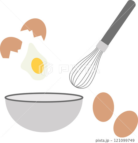 割った卵とボウルと泡だて器のイラスト素材セット 割った卵とボウルと泡だて器のイラスト素材セット 121099749