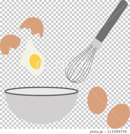 Illustration set of cracked eggs, bowl and whisk Illustration set of cracked eggs, bowl and whisk 121099749