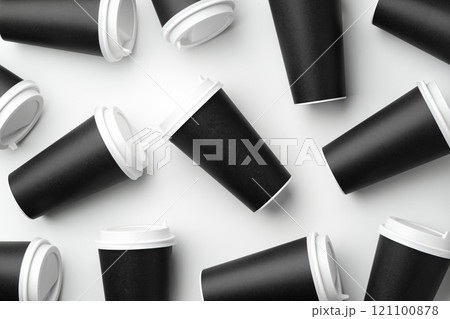 Multiple black takeaway coffee cups arranged in a repeating pattern on a white surface Multiple black takeaway coffee cups arranged in a repeating pattern on a white surface 121100878