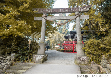 Risshaku-ji Temple at Yamadera, Yamagata, Japan. Stone torii gate in a serene Japanese garden setting. 121100982
