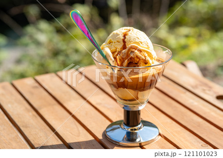 Yamadera, Yamagata, Japan. Delicious ice cream sundae served in a glass dish. 121101023