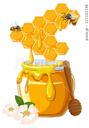 Honey Jar with Bees and Honeycomb 121101146