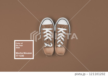 Stylish brown sneakers representing the color of the year for 2023 on a neutral backdrop Stylish brown sneakers representing the color of the year for 2023 on a neutral backdrop 121101202