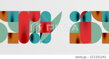 Circles, semi circles, squares and round shapes mosaic techno art. Vector Illustration For Wallpaper, Banner, Background, Card, Book Illustration, landing page 121101242