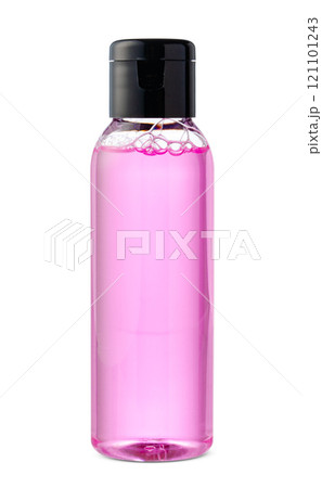 Clear plastic bottle filled with liquid, commonly used for skincare products 121101243