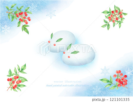 水彩で描いた南天と雪うさぎのベクターイラスト 121101335