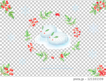 Vector illustration of nandina and snow rabbit painted in watercolor 121101339
