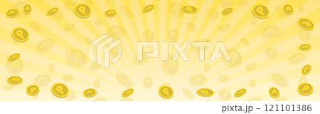 たくさんのコインが舞う集中線背景フレーム　黄　バナー　ワイド　2 121101386