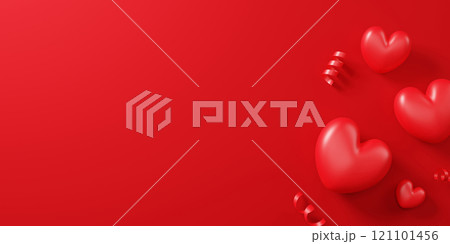 Valentine's day banner design of hearts and ribbon on red background with copy space 3d render Valentine's day banner design of hearts and ribbon on red background with copy space 3d render 121101456