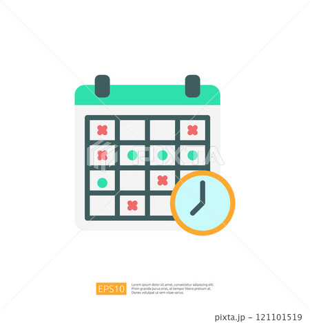 A graphic representation of a calendar with a clock icon, symbolizing scheduling or time management. 121101519