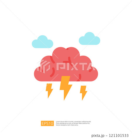A stylized illustration of a cloud with lightning bolts and a few small clouds, representing a stormy weather theme. 121101533