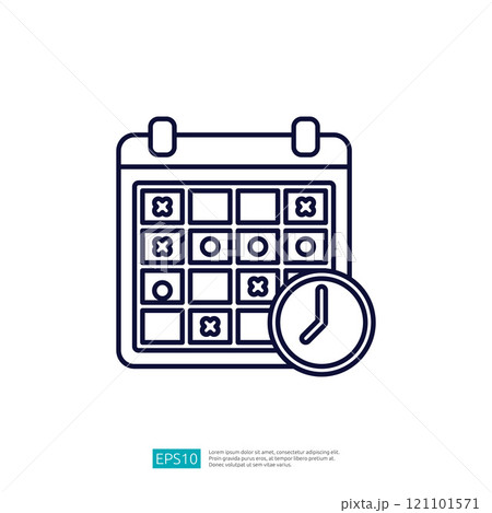 This image depicts a calendar with a grid layout, marked with crosses and circles, alongside a clock, symbolizing scheduling or time management. 121101571