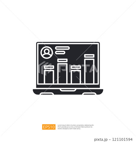 A minimalist illustration of a laptop displaying user profile information and bar graphs, representing data analysis and business insights. 121101594