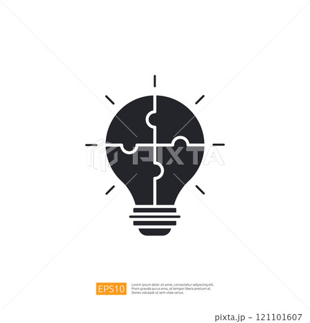 A stylized light bulb composed of puzzle pieces, symbolizing ideas, creativity, and problem-solving. 121101607